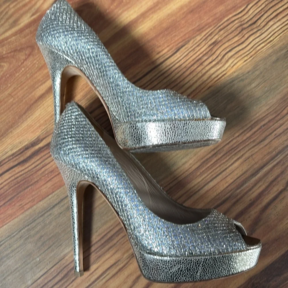 Jimmy Choo Peep Toe Luna Platform Pumps Heels Glitter Fabric Champagne 38/ 7.5 - Picture 14 of 14